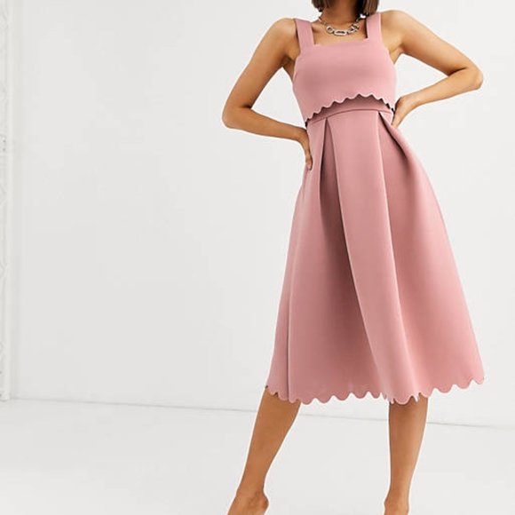 ASOS DESIGN Square Neck Scallop Detail Skater Midi Dress - Picture 1 of 16